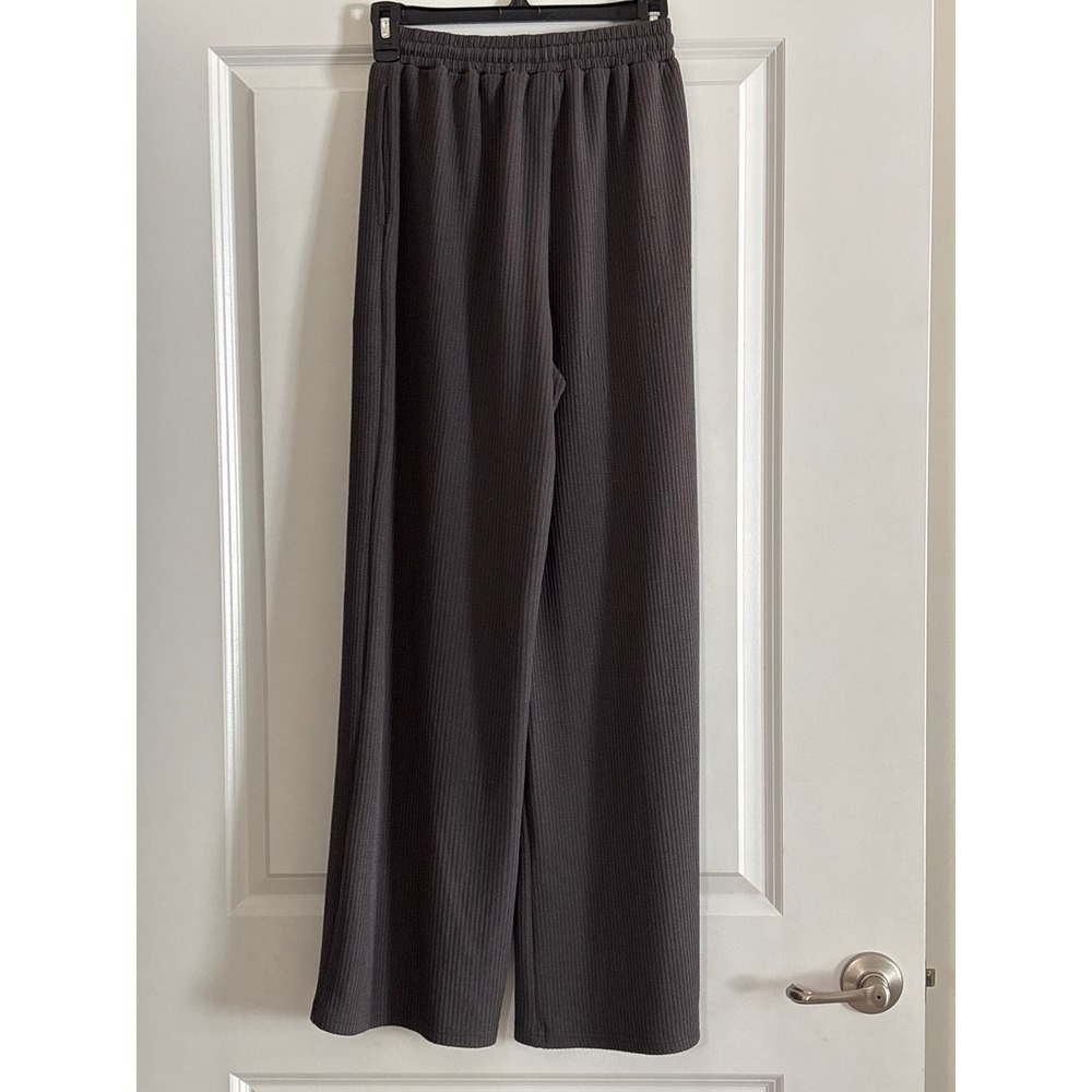 Cider Charcoal Grey Ribbed High Waisted Wide Leg Drawstring Pants XS - Picture 3 of 5